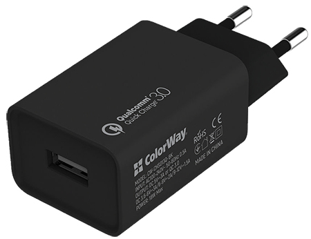 Сетевое зарядное устройство Colorway 1USB Quick Charge 3.0 (18W) Black (CW-CHS013Q-BK) - Фото 1