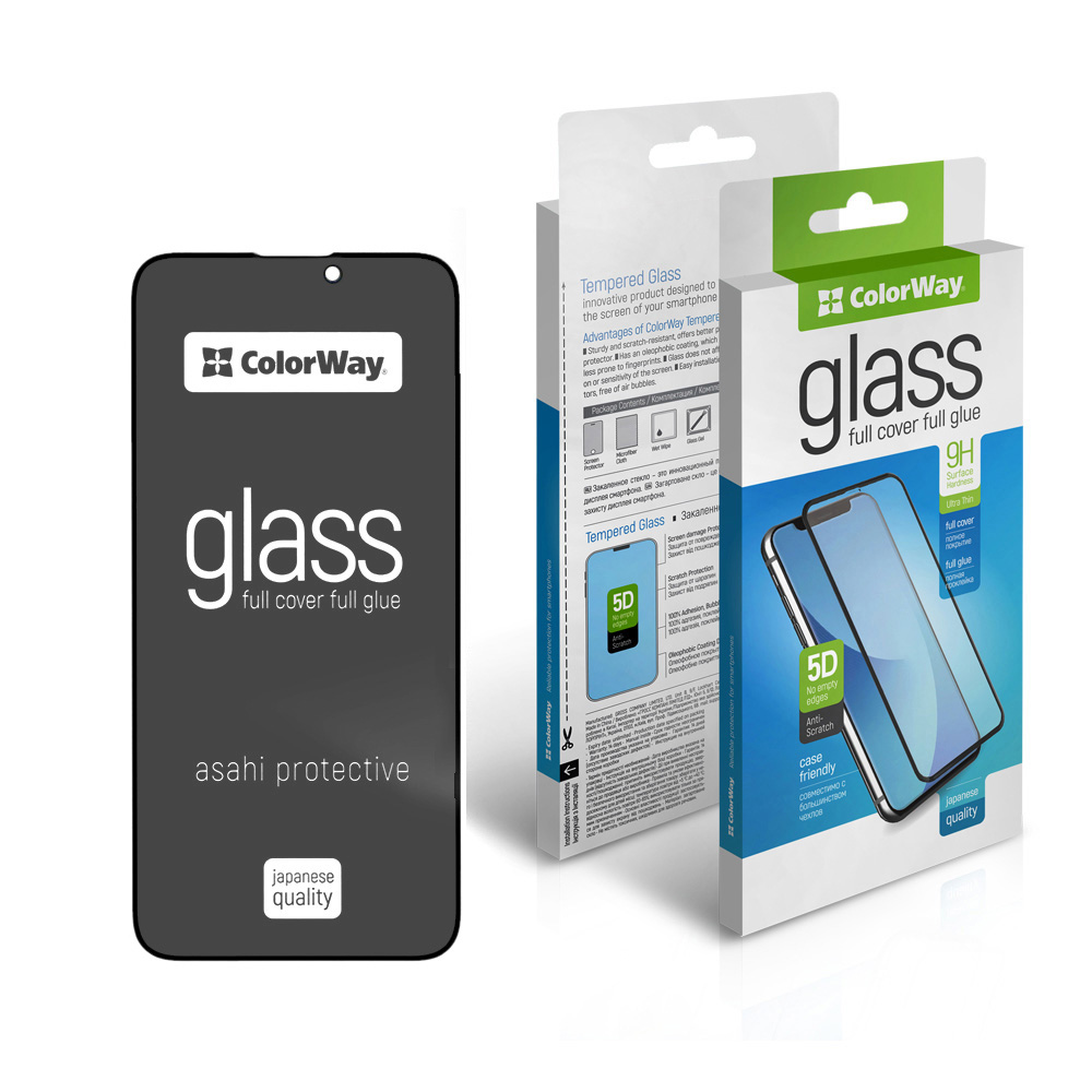 Захисне скло для смартфону Colorway 9H FC glue Anti-Spy Apple iPhone 15 Pro Black (CW-GSFGASAI15P-BK) - Фото 1
