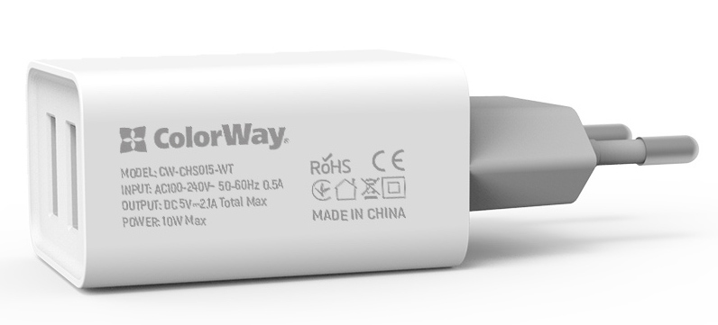 Сетевое зарядное устройство Colorway AutoID 2USBx2.1A White (CW-CHS015-WT) - Фото 1