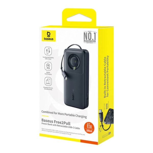Фото - Батарея мобильная Baseus Free 2 Pull with Retractable Cable 20000mAh 65W PD QC Cosmic Black (P10073700123-00)
