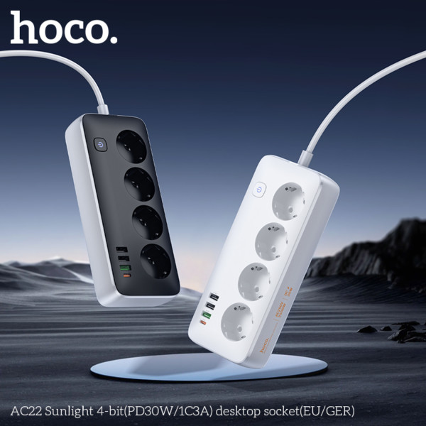 Фото - Сетевой фильтр HOCO AC22 Sunlight 4-bit (PD30W/1C3A) desktop socket EU/GER 3 м Black