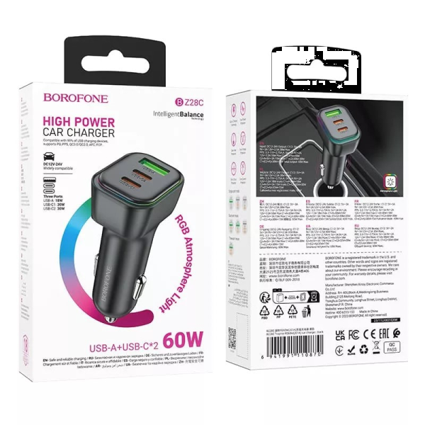 Фото - Автомобильное зарядное устройство BOROFONE BZ28C Trophie PD60W(2C1A) car charger Black (6941991110870)