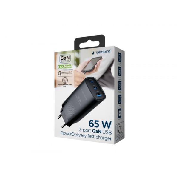 Фото - Сетевое зарядное устройство Gembird USB-A+2 Type-C PD18W + QC3.0 27W (TA-UC-PDQC65-01-BK)
