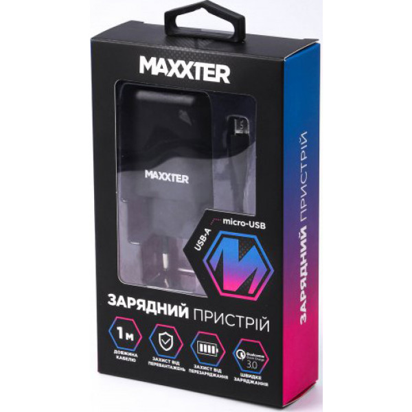 Фото - Сетевое зарядное устройство Maxxter 1 USB + Кабель USB-A to Micro-USB Quick Charge 3.0 (WC-QC-AtM-01)