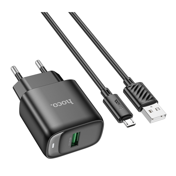 Фото - Сетевое зарядное устройство HOCO C140A Smart single port QC3.0 charger set(Micro)(EU) Black (6942007627801)