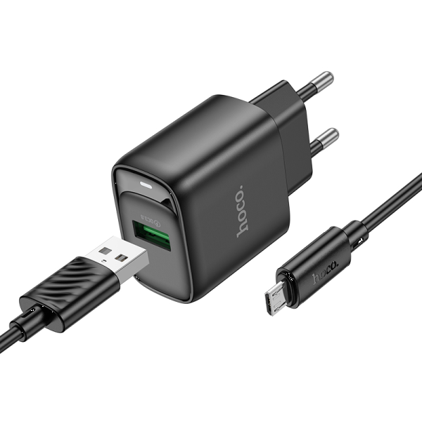 Фото - Сетевое зарядное устройство HOCO C140A Smart single port QC3.0 charger set(Micro)(EU) Black (6942007627801)