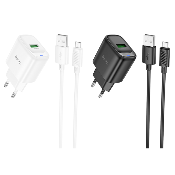 Фото - Сетевое зарядное устройство HOCO C140A Smart single port QC3.0 charger set(Micro)(EU) Black (6942007627801)