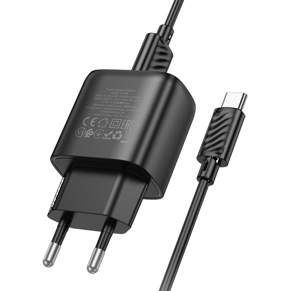 Фото - Сетевое зарядное устройство HOCO C140A Smart single port QC3.0 charger set(Micro)(EU) Black (6942007627801)