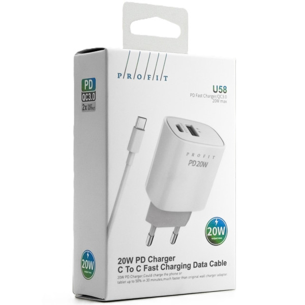 Фото - Сетевое зарядное устройство Profit U58 PD QC3.0, 20W USB A+C+cable White (000001844)