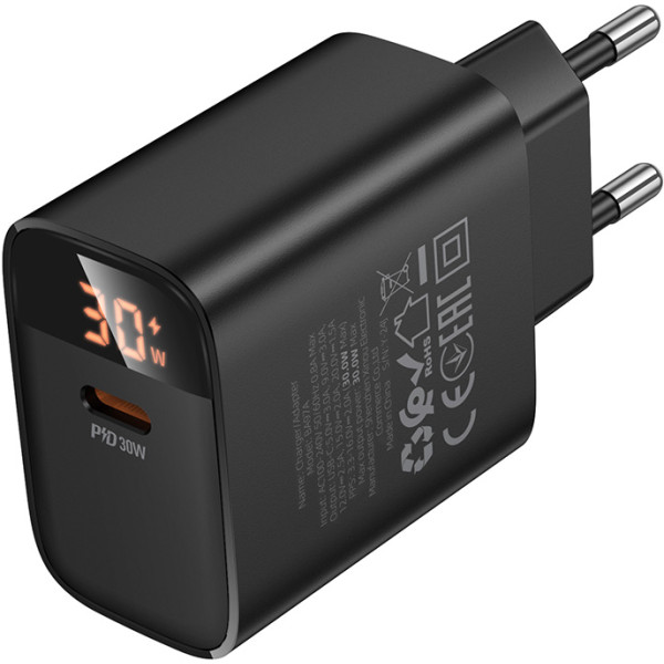 Фото - Сетевое зарядное устройство BOROFONE BA97A Ilustre single-port PD30W charger with digital display (EU) Black (6941991120480)