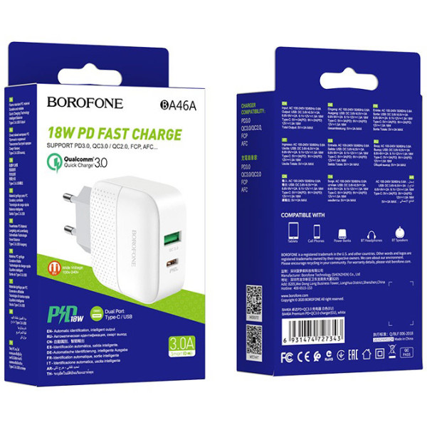 Фото - Сетевое зарядное устройство BOROFONE BA46A Premium PD + QC3.0 18W White (6931474727343)