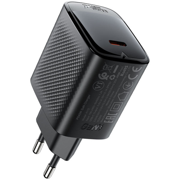 Фото - Сетевое зарядное устройство AceFast A112 PD45W GaN single USB-C charger (EU) Black (6974316284055)