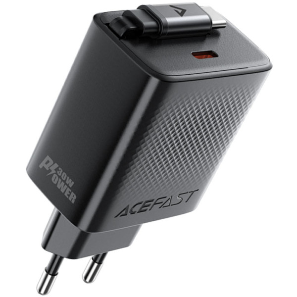 Фото - Сетевое зарядное устройство AceFast A110 PD30W GaN charger (USB-C+USB-C) with retractable cable (EU) Black (6974316283942)