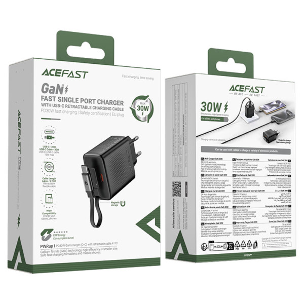Фото - Сетевое зарядное устройство AceFast A110 PD30W GaN charger (USB-C+USB-C) with retractable cable (EU) Black (6974316283942)