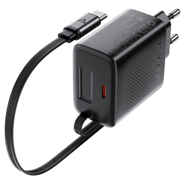 Фото - Сетевое зарядное устройство AceFast A110 PD30W GaN charger (USB-C+USB-C) with retractable cable (EU) Black (6974316283942)