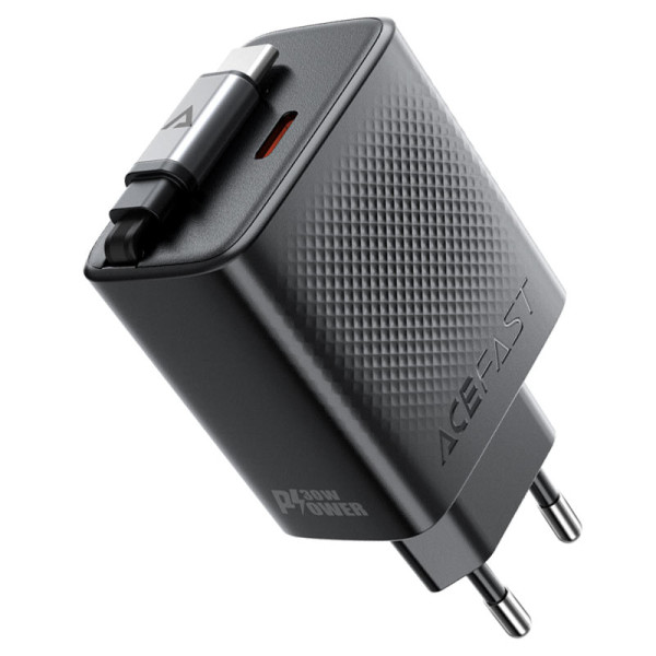 Фото - Сетевое зарядное устройство AceFast A110 PD30W GaN charger (USB-C+USB-C) with retractable cable (EU) Black (6974316283942)