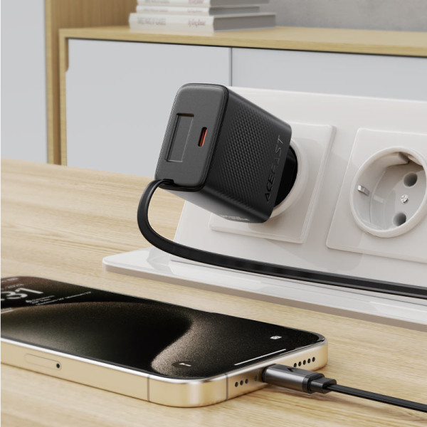 Фото - Сетевое зарядное устройство AceFast A110 PD30W GaN charger (USB-C+USB-C) with retractable cable (EU) Black (6974316283942)