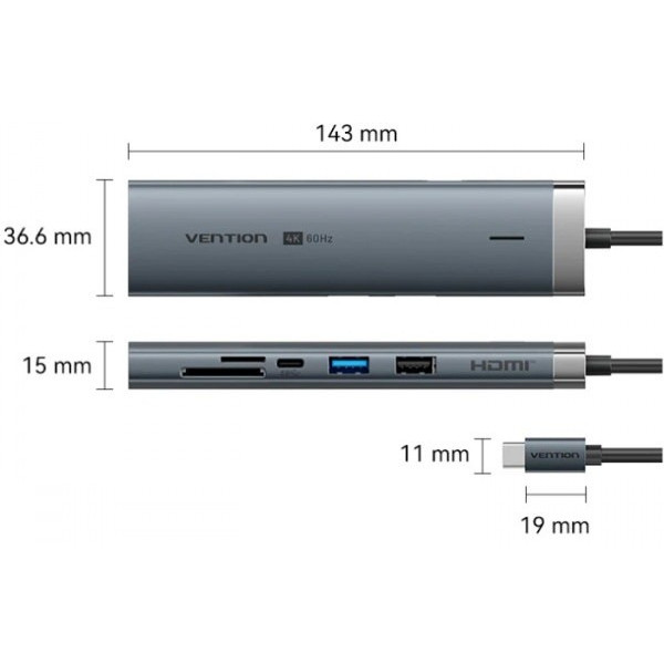 Фото - Хаб USB Vention USB3.2 Type-C HDMI 60Hz/USB 3.0x2/RJ45/SD/TF/3.5mm/PD 100W (TGVHB)