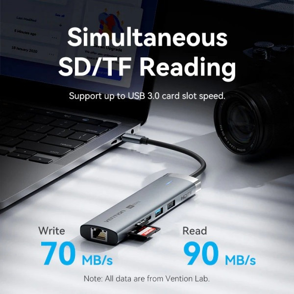 Фото - Хаб USB Vention USB3.2 Type-C HDMI 60Hz/USB 3.0x2/RJ45/SD/TF/3.5mm/PD 100W (TGVHB)