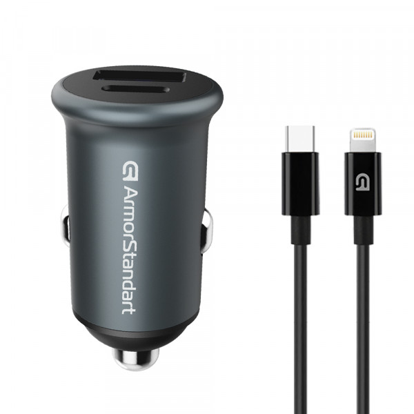 Фото - Автомобильное зарядное устройство Armorstandart USB Type-C PD20W + USB QC 3.0 Grey + кабель Lightning (ARM82460)