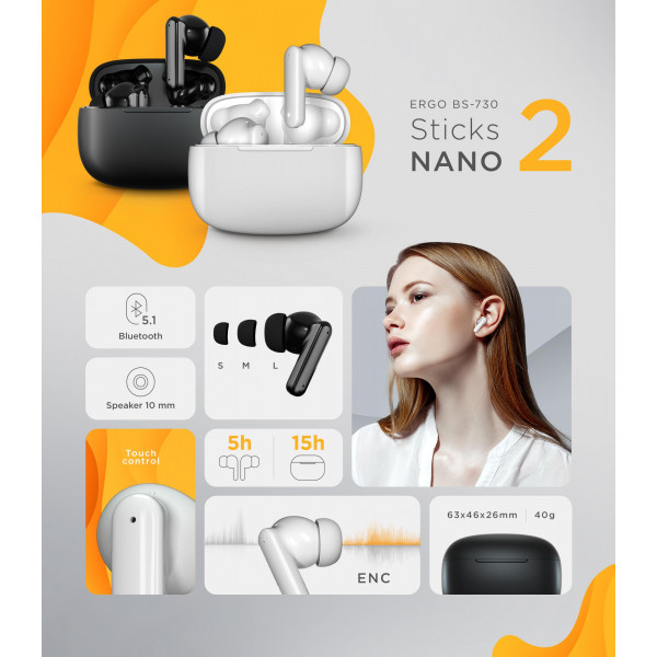Фото - Наушники вкладыши беспроводные TWS Ergo BS-730 Sticks Nano 2 Black