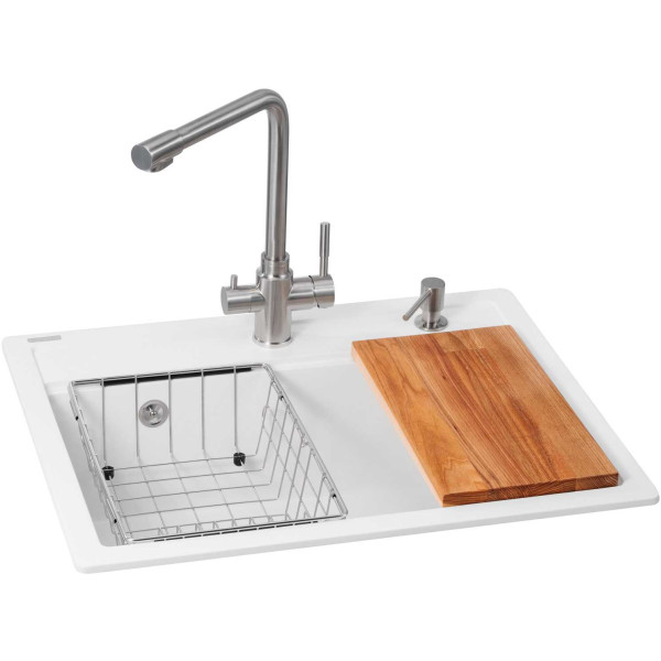 Фото - Мойка кухонная+смеситель GRANADO Optimal Artes white (+ Badalona LUX inox + дозатор Redondo inox + корзина + доска)
