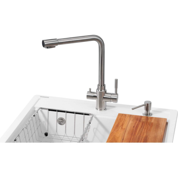 Фото - Мойка кухонная+смеситель GRANADO Optimal Artes white (+ Badalona LUX inox + дозатор Redondo inox + корзина + доска)