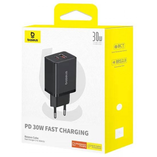 Фото - Сетевое зарядное устройство Baseus Cube Fast Charger C+U 30W EU Cluster Black (P10111404113-00)