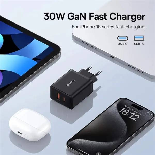 Фото - Сетевое зарядное устройство Baseus Cube Fast Charger C+U 30W EU Cluster Black (P10111404113-00)