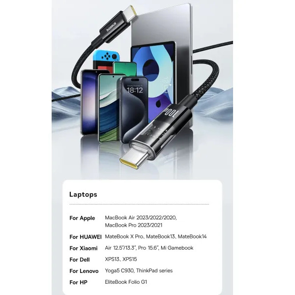 Фото - Кабель синхронизации данных Baseus Gem Series Fast Charging Data Cable Type-C to Type-C 100W 5A 2m Black (P10373000111-01)