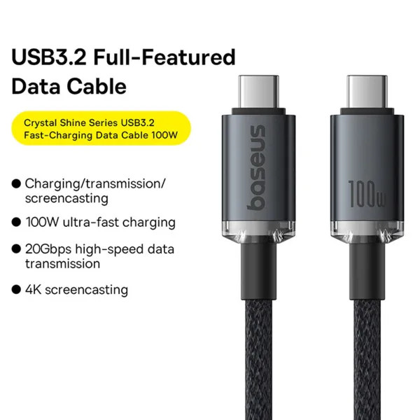 Фото - Кабель синхронизации данных Baseus Crystal Shine USB3,2 Full Featured Fast USB-C to USB-C 100W 1,5m 20Gb Cluster Black (P10318204111-00)