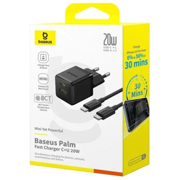 Фото - Сетевое зарядное устройство Baseus Palm Fast Charger Type-C+USB 20W (P10111608113-01)