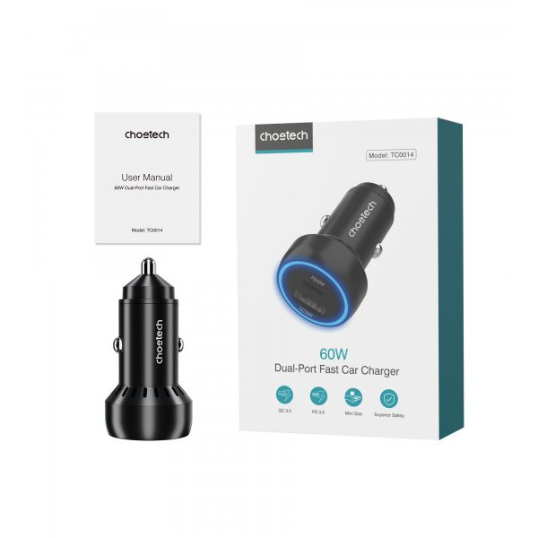Фото - Автомобильное зарядное устройство Choetech USB-C+USB-A (TC0014-BK)