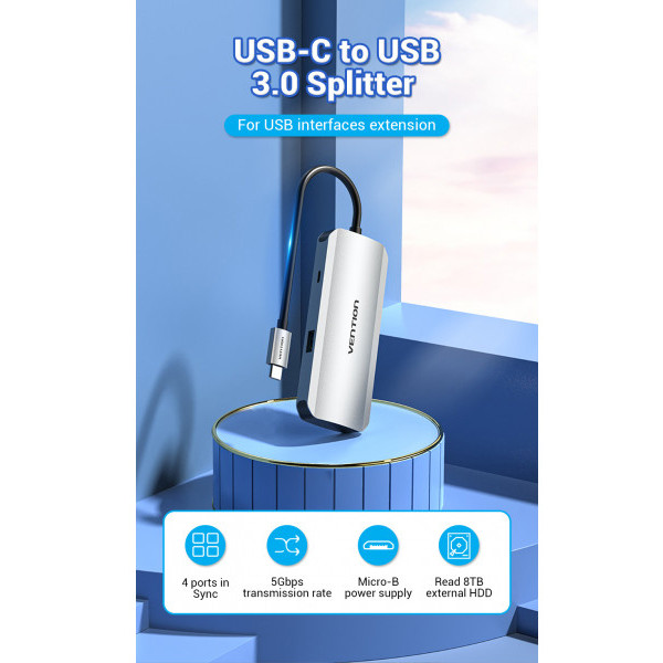 Фото - Хаб USB Vention USB3.1 Type-C - USB 3.0x4/Micro-B Hub Hub 5-in-1 (TNAHB)