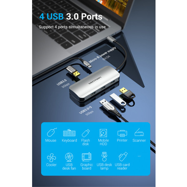 Фото - Хаб USB Vention USB3.1 Type-C - USB 3.0x4/Micro-B Hub Hub 5-in-1 (TNAHB)