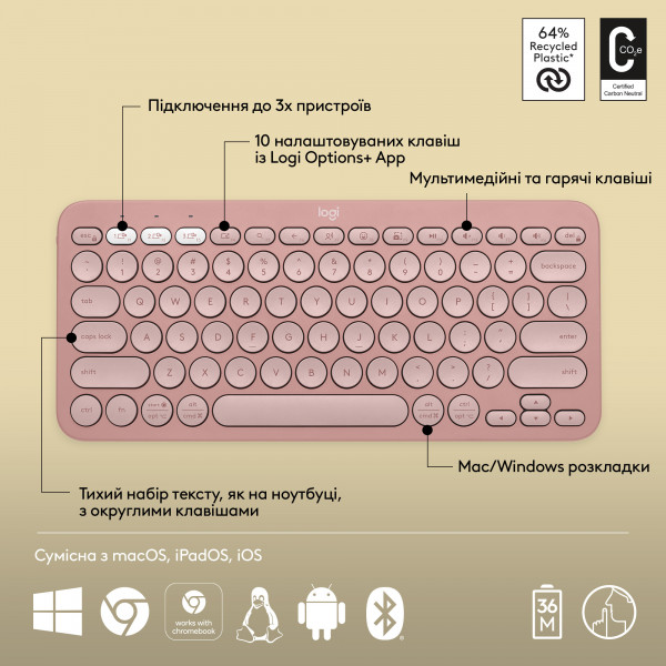 Фото - Клавиатура беспроводная Logitech K380s Pebble Keys 2 Rose Bluetooth (920-011853)