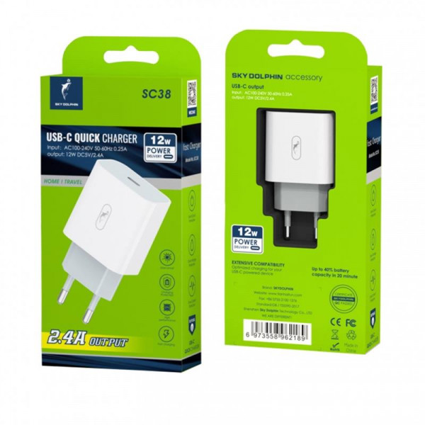 Фото - Сетевое зарядное устройство SkyDolphin SC38T (1USBx2.4A) White (MZP-000181)