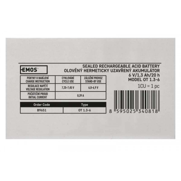 Фото - Аккумулятор для ИБП EMOS B9651, AGM 6V, 1.3Ah fast 4,7mm