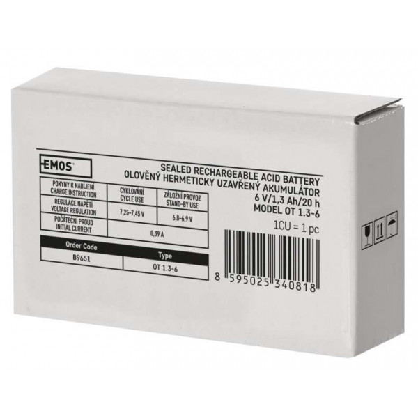 Фото - Аккумулятор для ИБП EMOS B9651, AGM 6V, 1.3Ah fast 4,7mm