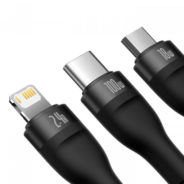 Фото - Кабель синхронизации данных Baseus Flash Series One-for-three Fast Charging Data Cable USB to M+L+C 100W 1.2m Black (CASS030001)
