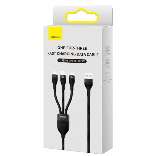 Фото - Кабель синхронизации данных Baseus Flash Series One-for-three Fast Charging Data Cable USB to M+L+C 100W 1.2m Black (CASS030001)