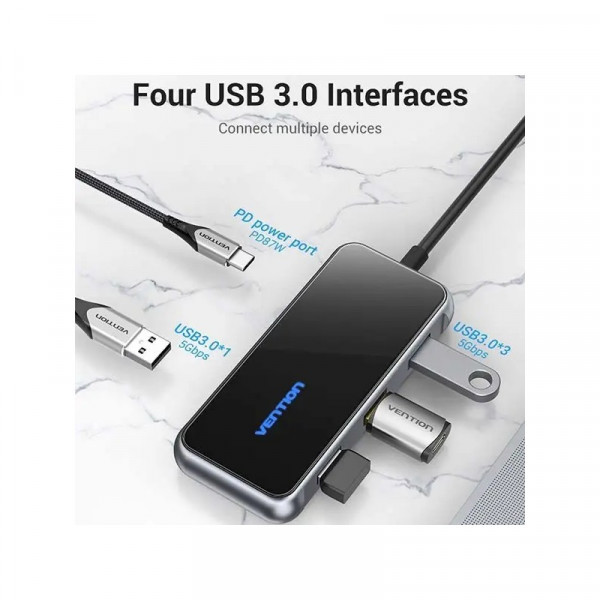Фото - Хаб USB Vention 5 в 1 Type-C-USB-PD 4USB 3.0 87W 4K 30Hz 0.15m Black (TFDHB)