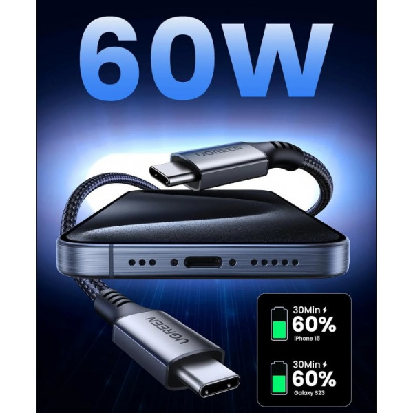 Фото - Кабель синхронизации данных UGREEN US567 USB-C to USB-C PD Fast Charging Cable 1m Black/Gray (15373)