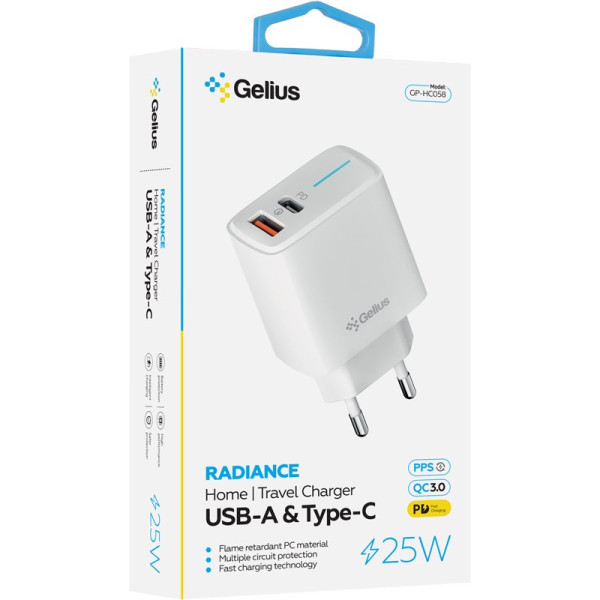 Фото - Сетевое зарядное устройство Gelius Radiance GP-HC058 1Type-C + 1USB-A 25W +Full Silicon Type-C to Lightning (100477)