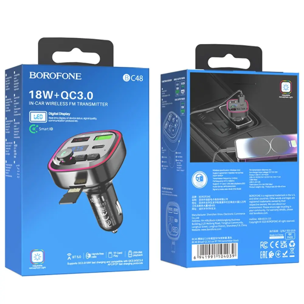 Фото - FM модулятор BOROFONE BC48 Broad QC3.0 car BT FM transmitter 18W Black (6941991104039)