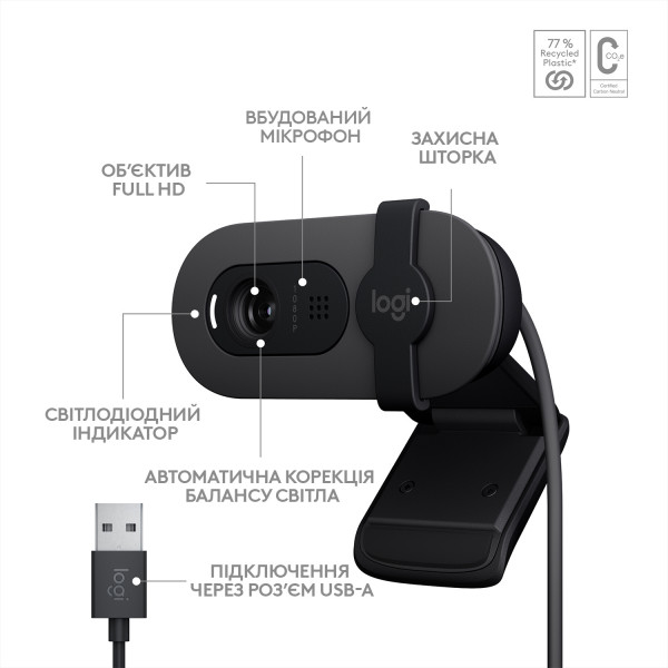 Веб-камера для компьютера Logitech Brio 100 Full HD Graphite (960 ...