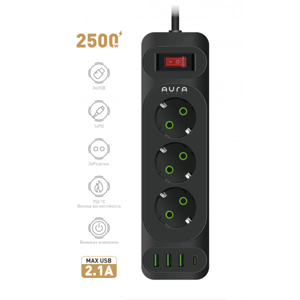 Фото - Сетевой фильтр Aura Energy 3+3 USB-A + USB-C (PD) 2M Black (AUEMFP33PD2MB)