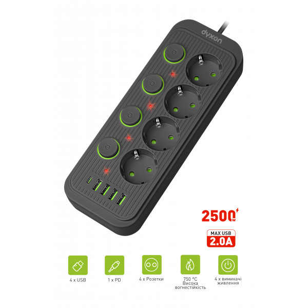 Фото - Сетевой фильтр Dyxon 4+4 USB-A USB-C (PD)+4 Power switch 2m Black (DXN-MFP-44PD2MB)