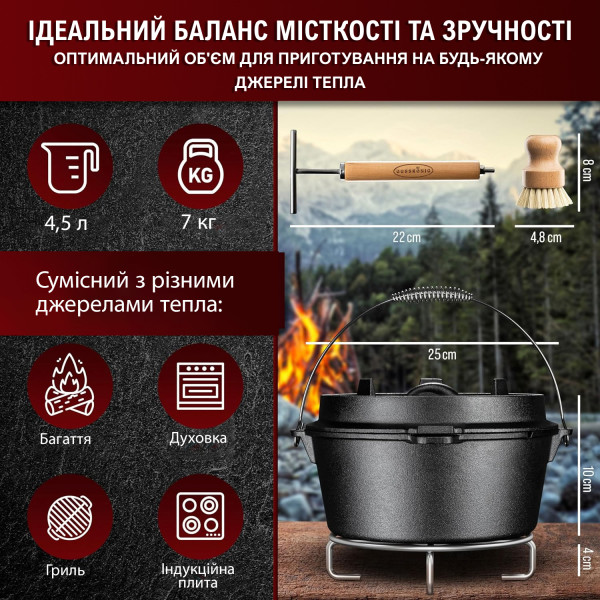 Фото - Набор посуды туристический Gusskoenig для запекания котел+крышка-пательная, подъемник 2в1 4.5 л (589819)