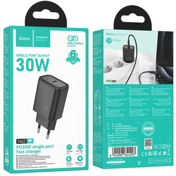 Фото - Сетевое зарядное устройство HOCO N62 PD30W charger (EU) Black (6942007644297)